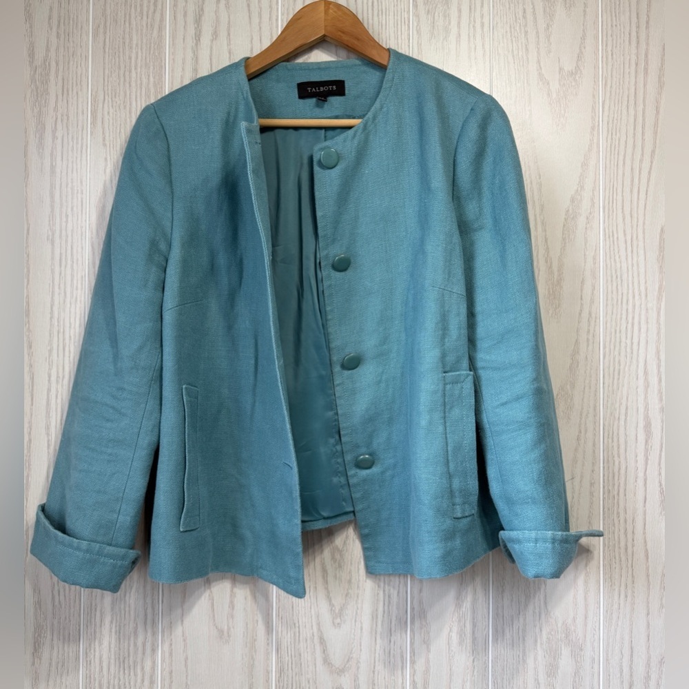 Talbots Teal Linen Button-Front Jacket Blazer